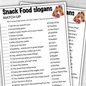 May include: Two white sheets of paper featuring a snack food slogans matching game. The game challenges players to match beverage brands with their slogans. The top of the paper displays the words "Snack Food slogans" in a bold, decorative font.