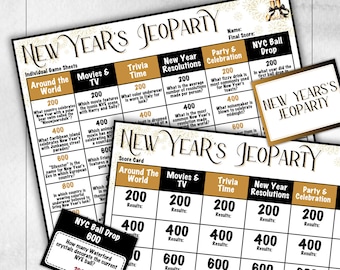 May include: A collection of New Year's Jeopardy game sheets. The sheets feature categories like "Around the World," "Movies & TV," and "Trivia Time." The game includes a score card and a card with the text "NYC Ball Drop."