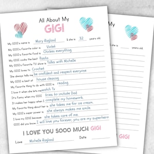 Alles über meinen Gigi gedruckter Fragebogen, personalisiertes Geschenk, Malaktivität, fülle die Lücken, Andenken druckbares Geschenk, einzigartige Gigi-Karte