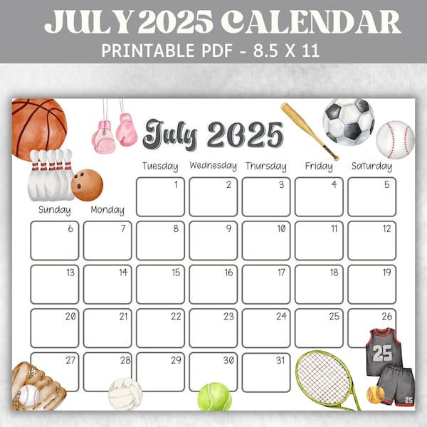 Printable Calendar 2025 July Etsy