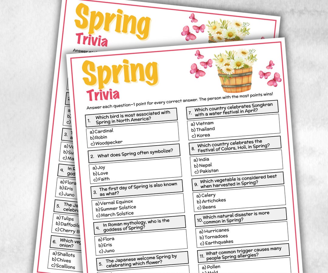 Spring Gift Questionnaire Spring Trivia, Spring Activity, Trivia Questions, Game for Seniors ...