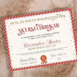 Certificado de lista de buenos amigos de Papá Noel, carta de Navidad, plantilla editable, desde el escritorio de, caja de Nochebuena, correo oficial de Papá Noel, lista de buenos amigos de Papá Noel