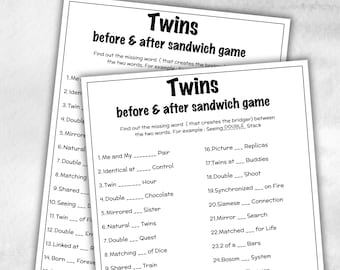 Twins Before and after Sandwich, Baby Shower Activity, Twin Birthday, Printable Twin Minimalist Shower, Shower quiz, Twin Phrases Trivia