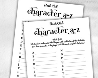 Book Club Character A to Z, Book club hosting, Bookworm meeting idea, bookstagram theme party, coversation starter, trivia challenge, themed