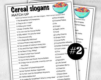 Cereal Trivia Night, TV Commercial Trivia, Ad Slogan Office Party, Teens Adult, Ad Slogan Match Up Quiz game, Trivia Night, Breakfast Slogan