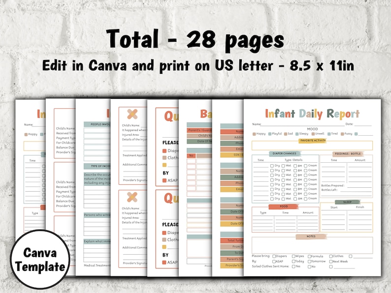 May include: A printable set of 28 pages for tracking infant daily activities. The pages include sections for diaper changes, feedings, sleep, mood, and favorite activity. The pages are designed in a modern style with a peach, yellow, and green color scheme. The text "Infant Daily Report" is at the top of the page.