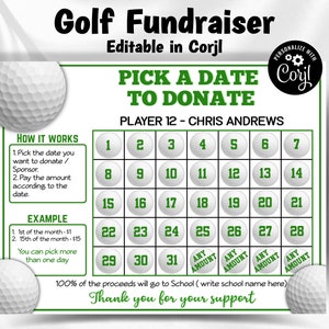 Golf Calendar Fundraiser | Editable in Corjl File | Golf Fundraiser | Pick A Date To Donate | Golf Team Ideas I Pick A Date Golf Fund