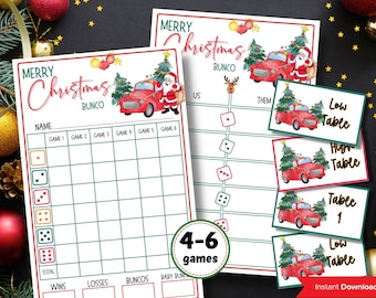 May include: Printable Christmas Bunco game scorecard with a red truck carrying a Christmas tree and Santa Claus. The scorecard has spaces for six games, wins, losses, buncos, and baby buncos. The game is for 4-6 players.