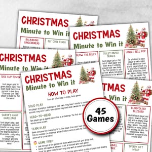 May include: A collection of Christmas-themed Minute to Win It game cards. Each card features a different game with instructions, including Tree Cup Tower, Santa's Chop Challenge, and Blindfolded Blizzard. A circular graphic indicates 45 games.