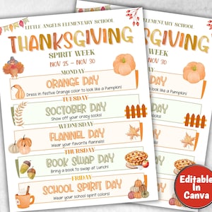 Customizable Thanksgiving School Spirit Week Flyer, PTO Schedule, November Itinerary, Fall PTA, Editable in Canva, Thanksgiving Events