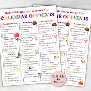 PTA Monthly Calendar, PTO Calendar, Calendar of Events, school calendar, editable in Canva calendar flyer, school events calendar flyer