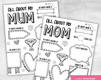 Mothers Day Questionnaire Preschool |Mothers Day Printable | Mothers Day Gift | All About Mom | All About My Mum Printable I Coloring Page