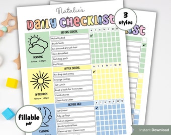 May include: Printable daily checklist for kids with three different color styles. The checklist includes tasks for morning, afternoon, and evening. The checklist is labeled "Natalie's Daily Checklist".