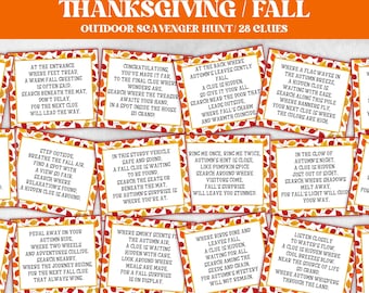 Outdoor Thanksgiving Scavenger Hunt, Fun Family Activity, Fall Treasure Hunt, Printable Game for Kids, Outdoor Scavenger Hunt for Kids, clue