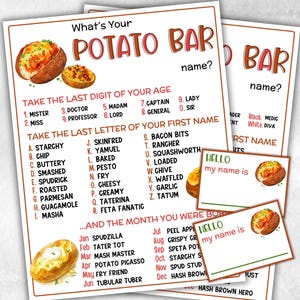 May include: Printed sheets with a "Potato Bar" theme. The sheets include instructions for creating a personalized potato bar name, with illustrations of baked potatoes. Also includes small "Hello my name is" cards.