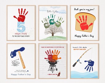 Könnte beinhalten: Satz von sechs druckbaren Vatertagskarten mit Handabdruckkunst und Botschaften wie "High Five to the Best Dad Ever!" und "You are O-FISH-ally the BESTEST DAD EVER".