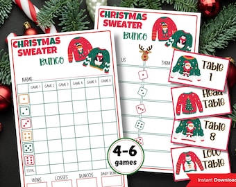 Könnte beinhalten: Eine druckbare Weihnachtspullover-Bungo-Spielkarte mit einem grün-weißen Raster, Würfeln und einer Rentier-Illustration. Die Spielkarte hat Platz für Namen, Siege, Niederlagen, Buncos und Baby-Buncos. Es gibt auch Tischnummernkarten mit Weihnachtspullover-Illustrationen.