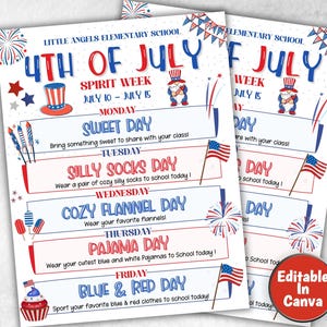 Puede incluir: Dos folletos de la Semana del Espíritu del 4 de julio de la Escuela Primaria Little Angels. Los folletos blancos presentan gráficos rojos, blancos y azules. El texto incluye las fechas, los temas diarios y las instrucciones.