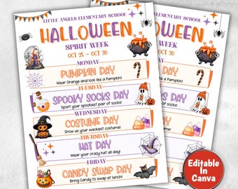 Customizable Halloween School Spirit Week Flyer, PTO Schedule, October Itinerary, Halloween PTA, Editable in Canva, Newsletter,  Events