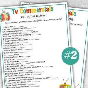 Ad Slogan Füllen Sie die Lücke Quiz, TV-Werbung Match Up Trivia Spiel, Senioren Spieleabend, Familienaktivität, Kinder Teen Erwachsene Party Ratenspiele