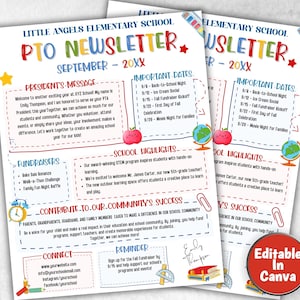Puede incluir: Un boletín informativo colorido de la PTO para la escuela primaria Little Angels. El boletín incluye fechas importantes, aspectos destacados de la escuela, información sobre recaudación de fondos y un llamado a la acción para contribuir a la comunidad escolar. El boletín está decorado con una manzana roja, un globo terráqueo y un reloj.