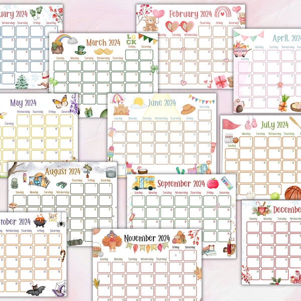 2024 Cute Printable Calendars, Printable Kids Calendars, Watercolor Calendars, Homeschool Calendars, Kids Calendars, Cute Calendars, annual