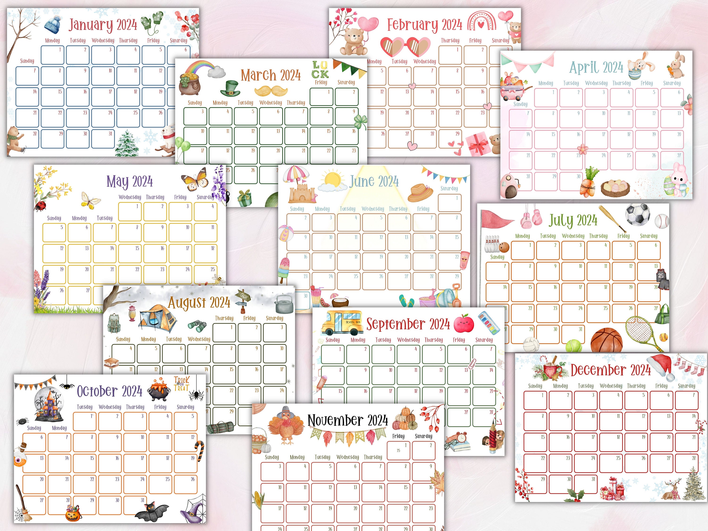 2024 Cute Printable Calendars, Printable Kids Calendars, Watercolor ...