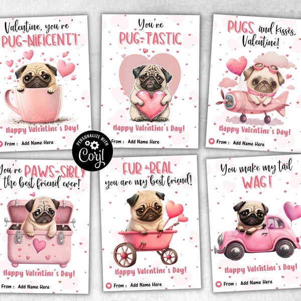 Pug Card | Dog Valentine | Cute Card | Pug Valentine | Pugs And Kisses | Kids Valentines | Dog Card | Pug Gift | Pug Valentine I Black Pug