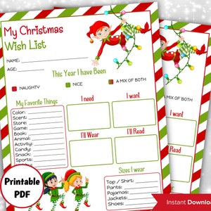 Lista de deseos manuscrita I Carta imprimible a Papá Noel / Navidad para niños Carta de Papá Noel I Plantilla de carta del Polo Norte I lista de letras I fácil de imprimir