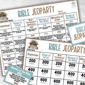 Könnte beinhalten: Bibel-Jeopardy-Spielbögen und Wertungskarten. Die Spielbögen haben Kategorien wie Anfänge, Könige Israels und Wunder Jesu. Die Wertungskarten haben Platz für Ergebnisse.