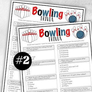 May include: Two white sheets of paper with "Bowling Trivia" printed in red and black. Each sheet has trivia questions about bowling, with multiple-choice answers. A black circle with the number "2" is in the lower left corner.