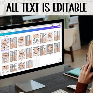 May include: A computer screen displaying a digital design program with multiple black and white patterned squares containing the text "TEXT HERE". The text "ALL TEXT IS EDITABLE" is displayed at the top of the screen.