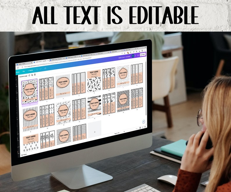 May include: A computer screen displaying a digital design program with multiple black and white patterned squares containing the text "TEXT HERE". The text "ALL TEXT IS EDITABLE" is displayed at the top of the screen.