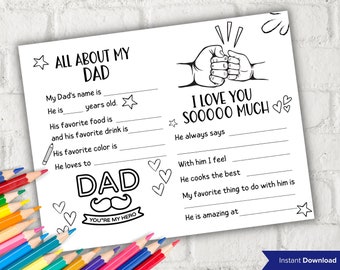 All about my Dad fill in the blank I Father's Day Coloring page sheet  I Gift for Bonus Dad I Bonus Dad  interview Questionnaire 001