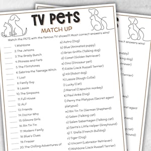 TV pets trivia party Game, dog cat Quiz, TV Sitcoms, Senior Game night, family activity, Kids Teen Adult party guess games, fall icebreaker