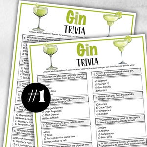 Op de afbeelding: Twee bedrukte vellen "Gin Trivia" spelkaarten met een limoengroene rand. Elke kaart bevat een cocktailillustratie en triviavragen over gin. Een zwarte cirkel met een witte "#1" staat linksonder.