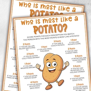 以下が含まれることがあります： オレンジと茶色で「Who is most like a POTATO?」というテキストが印刷された2枚のシート。シートには漫画のジャガイモと、ポイントを獲得するための説明のリストが掲載されています。シートは白い背景にあります。