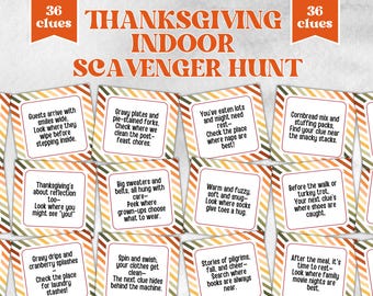 May include: Thanksgiving indoor scavenger hunt game with 36 clues. The cards have a fall color scheme with text prompts like "Guests arrive with smiles wide" and "Cornbread mix and stuffing packs."