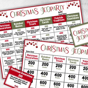 May include: Christmas Jeopardy game sheets and score cards. The game includes categories like Christmas Decorations, Reindeer Names, and Christmas Carols. The game sheets have a red and green color scheme.