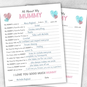 Alles über meine Mama Fragebogen Druck, personalisiertes Geschenk, Malaktivität, Füllen Sie die Lücken, Andenken druckbares Geschenk, einzigartige Mumie Karte