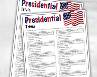 Presidential Trivia, Patriotic Game, Family Game Night Questions, Presidents Day Quiz, Presidents Day, American USA, 4th Of July memorial