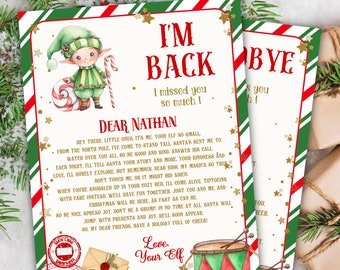 May include: A Christmas-themed printable card featuring an elf with a candy cane and a drum. The card has a red and green striped background with gold stars. The text on the card reads "I'm Back I missed you so much!" and "Dear Nathan" followed by a message from the elf.