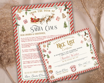 May include: A red and green striped card with a letter from Santa Claus to Amanda and Christopher. The letter includes a message from Santa Claus about being on the nice list and leaving out milk and cookies. The card also includes a Santa's Official Nice List certificate with Amelia Wexler's name on it. The certificate is dated 24th December 2023.