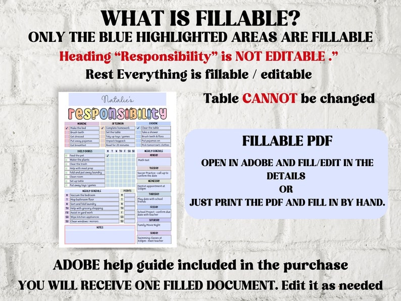 May include: A printable PDF checklist for kids to track their daily responsibilities. The checklist includes sections for morning, afternoon, evening, and weekly chores. The heading "Responsibility" is not editable, but the rest of the checklist is fillable. The table is not editable. The PDF is fillable in Adobe or can be printed and filled in by hand.
