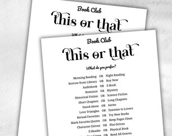 Book Club This or That, Book club hosting, Bookworm meeting ideas, bookstagram theme party, coversation starters, trivia challenge, themed