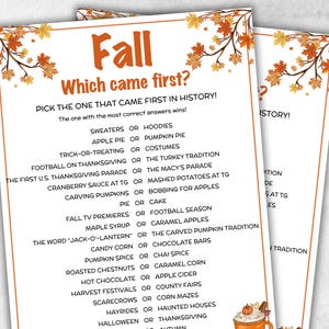 May include: Two printable fall-themed game sheets with a white background and orange and brown accents. The text on the sheets asks "Which came first?" with a list of fall-related items to compare. The word "Fall" is at the top.