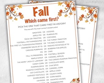 Fall Which Came First, fall Season, Autumn Match UpTrivia Game, , Senior Game night, family game activity, Kids Teen Adult party guess games