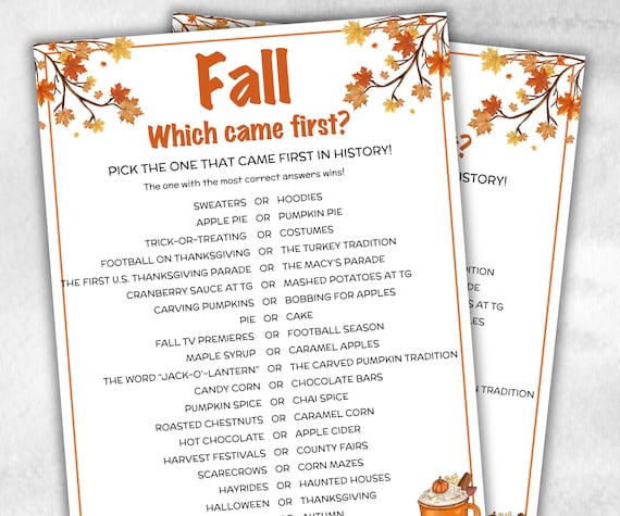 Fall Which Came First, fall Season, Autumn Match UpTrivia Game, , Senior Game night, family game activity, Kids Teen Adult party guess games