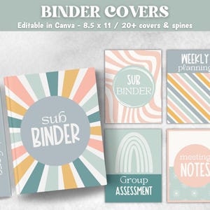 May include: A collection of binder covers with pastel designs. The covers feature text such as "Sub Binder", "Weekly Planning", "Meeting Notes", and "Group Assessment". The covers are 21.6 x 27.9 cm.