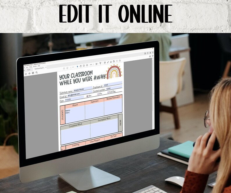 May include: A computer screen displaying a printable classroom management form with a rainbow graphic. The form is titled "Your Classroom While You Were Away".